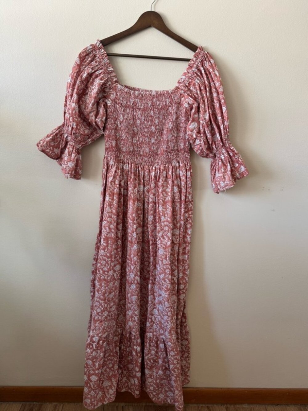 Beachwood Block Print Floral Midi Dress in Pink, 100% cotton